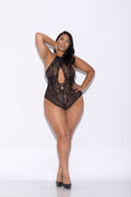 "Lace and Mesh Halter Teddy - Queen Size - Black GLTR-35019XBLK"