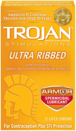 "Trojan Stimulations Ultra Ribbed Spermicidal - 12 Pack TJ94552"