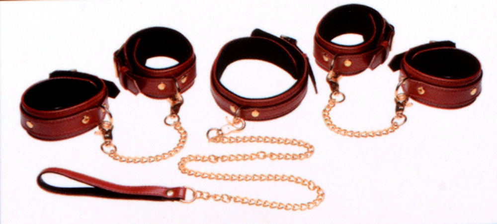 "6 Piece Burgundy Bondage Set Burgundy Cuffs,  Collar and Leash MS-AG883-BUR"