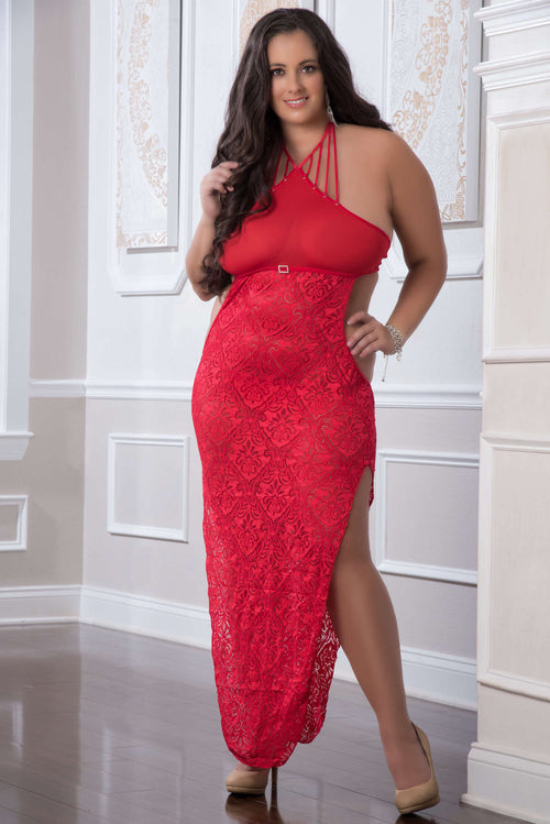 "2 Pc. Shoulder-Baring Laced Night Dress - Red  Cherry - Queen Size GWD-D1904PQRC"