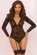 "Long Sleeve Teddy With Garters - One Size - Black STM-10663PBLK"