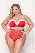 "Rhinestone Studded Mesh Teddy With Marabou Trim - 1x/2x - Red STM-11470XR1X2"