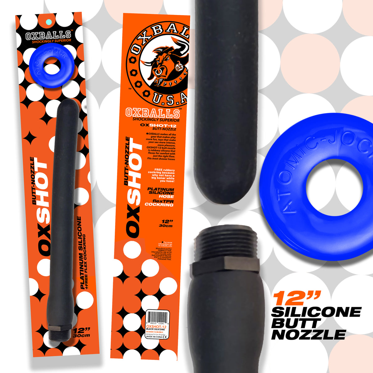 "Oxshot - Butt-Nozzle Shower Hose 12 Inch - Black  Blue OX-8000-12-BKB"