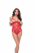 "Open Cup Crotchless Functional Tie Teddy  - One Size - Red OH-50-10112-RDOS"