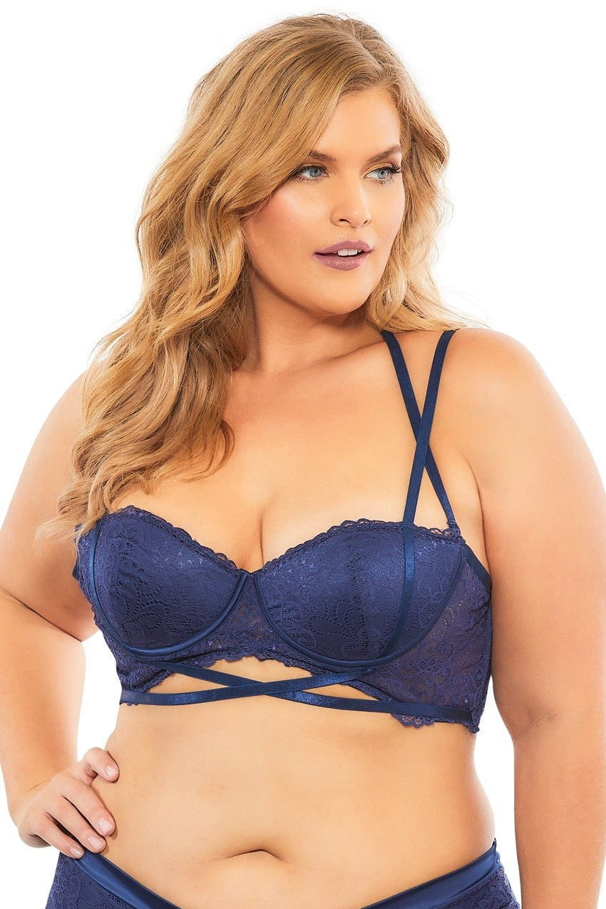 "Lace Push Up Balconette Bra With Crossing Halter Straps - Estate Blue - 3x OH-11-10823XEB3"
