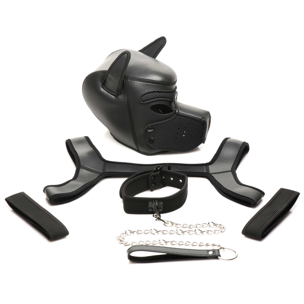 "Full Pup Arsenal Set Neoprene Puppy Hood, Chest  Harness, Collar With Leash and Arm Band - Black MS-AH170"