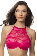 "High Neck Bra With Diagonal Eyelash Lace Panels - Extra Large - Bright Rose OH-11-10644-BRSXL"