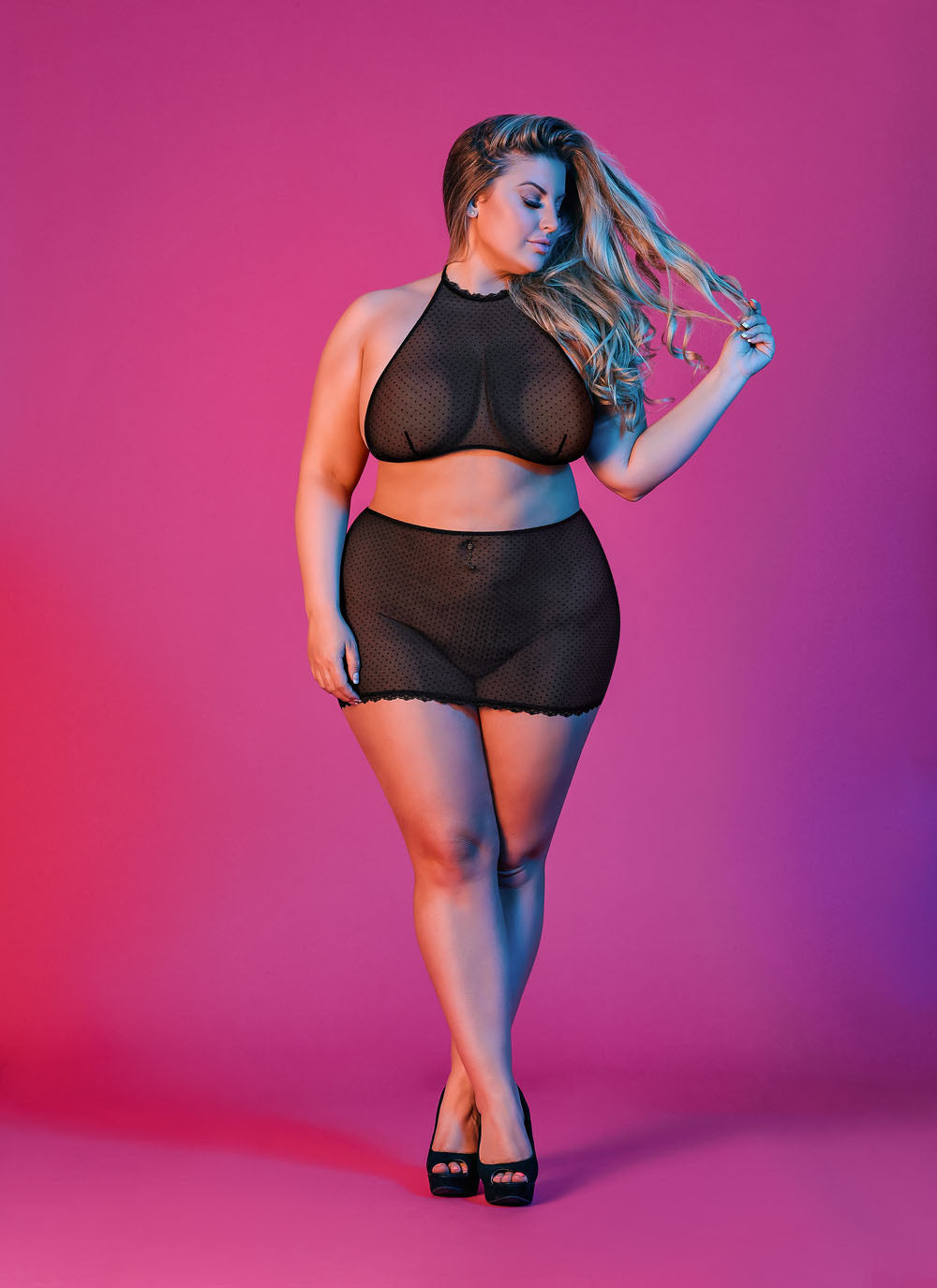 "Sexy Time Polka Dot Mesh Halter and Skirt Set - Black - 1x-3x MS-M197BLK2XL"