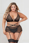 "Three Piece Floral Lace Bra, Skirt, and G-String  Set - Queen - Black STM-11424XPBKQ"