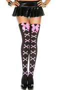 "Cross Bone and Satin Bow Opaque Thigh Hi - One Size - Black / Pink ML-4550BLKPNK"
