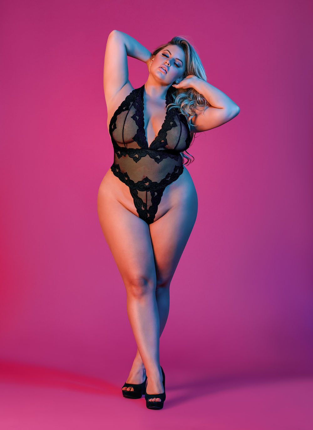 "Sexy Time Deep Plunge Halter Teddy - Black - 1x-3x MS-M201BLK2XL"
