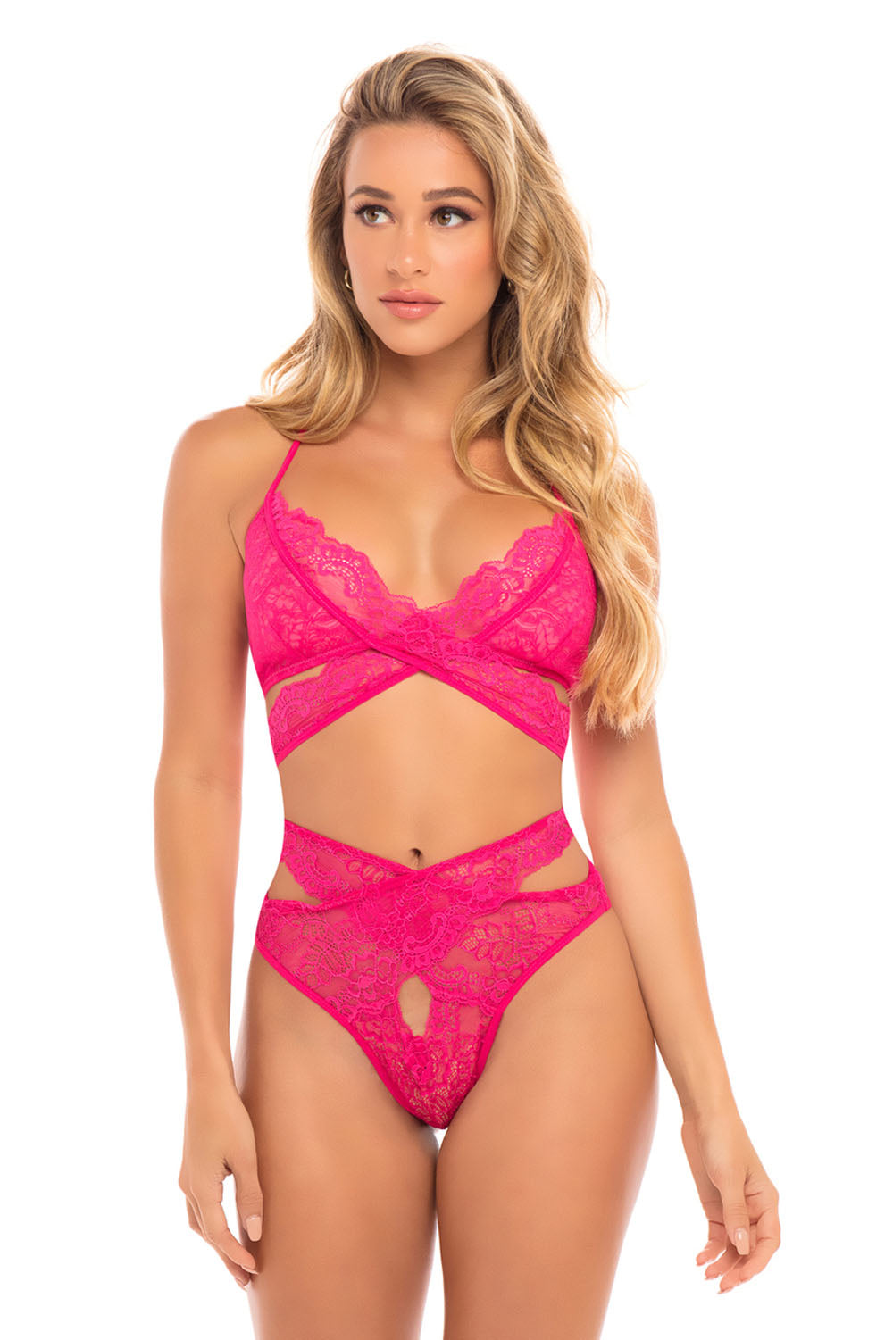 "Cut Out Galloon Lace Bra Set - Bright Rose - L/xl OH-40-11258-BRSLXL"